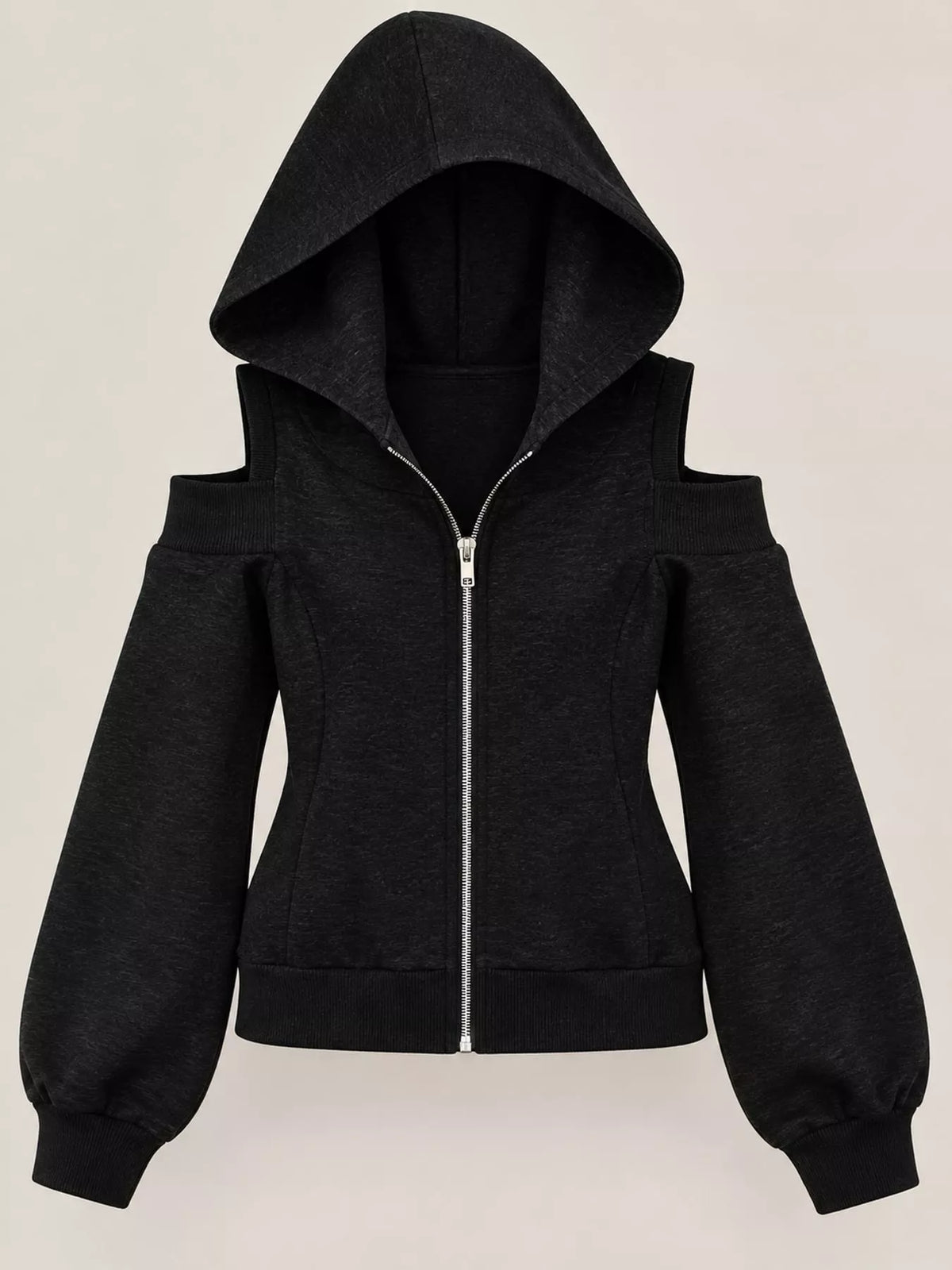 cold shoulder zip-up hoodie – zipper,cutout fit | dropsona - neutral - material texture
