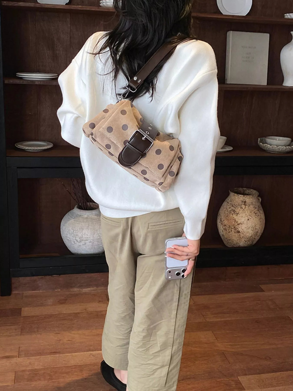 vintage polka dot shoulder bag – stylish sling | dropsona - neutral - size reference