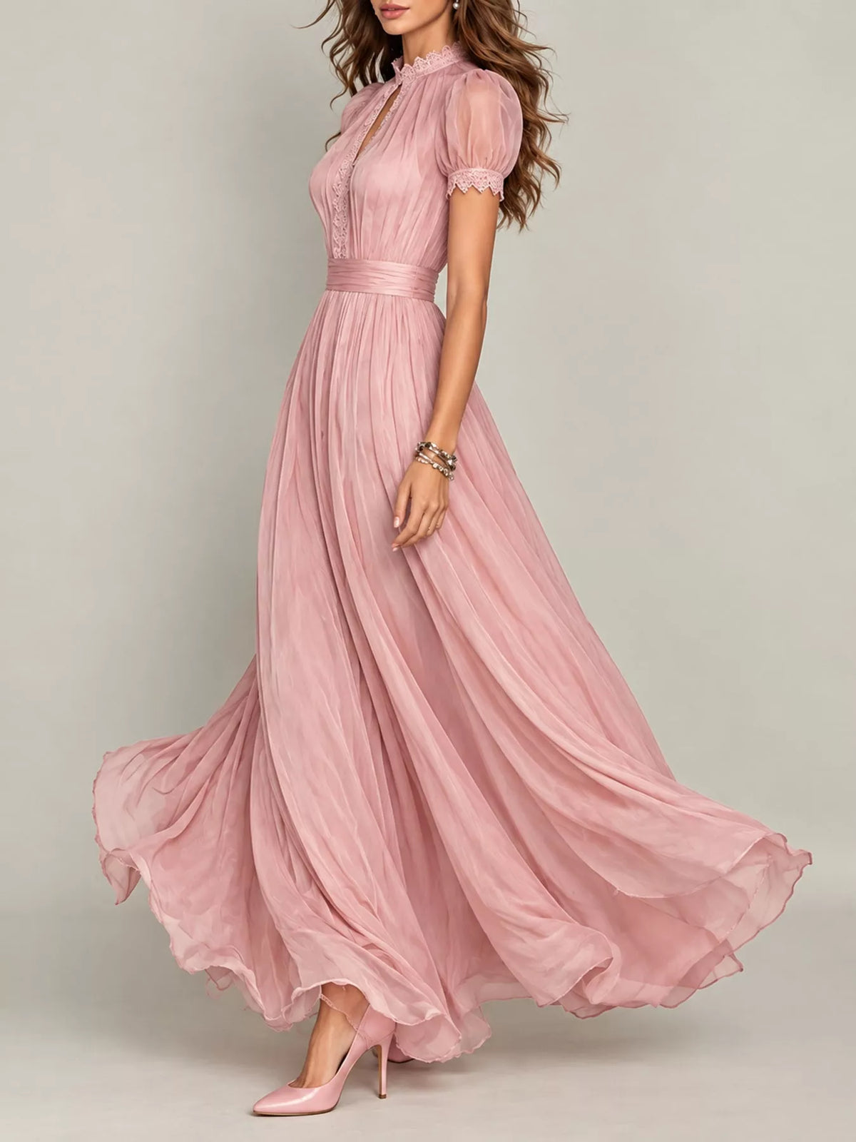 full size elegant sheer chiffon mock-neck maxi dress | dropsona - neutral - close-up detail