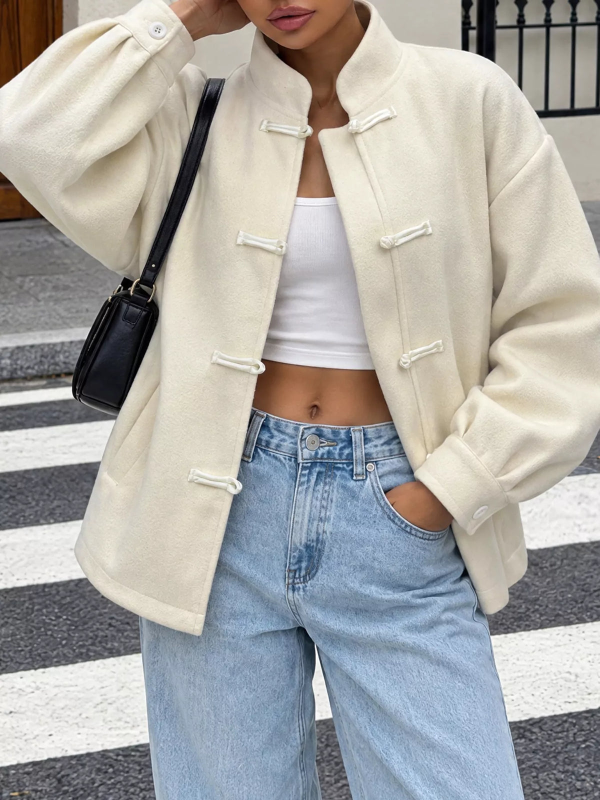 frog button dropped shoulder jacket – buttoned | dropsona - neutral - close-up detail