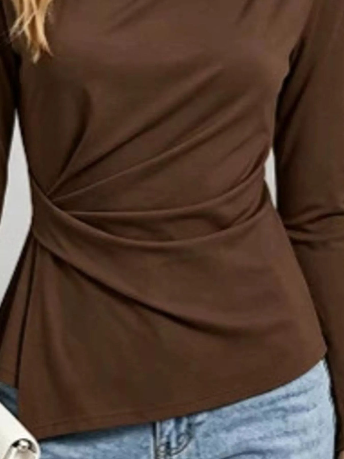 ruched waist long sleeve t-shirt – ruched,asymmetrical | dropsona - neutral - close-up detail