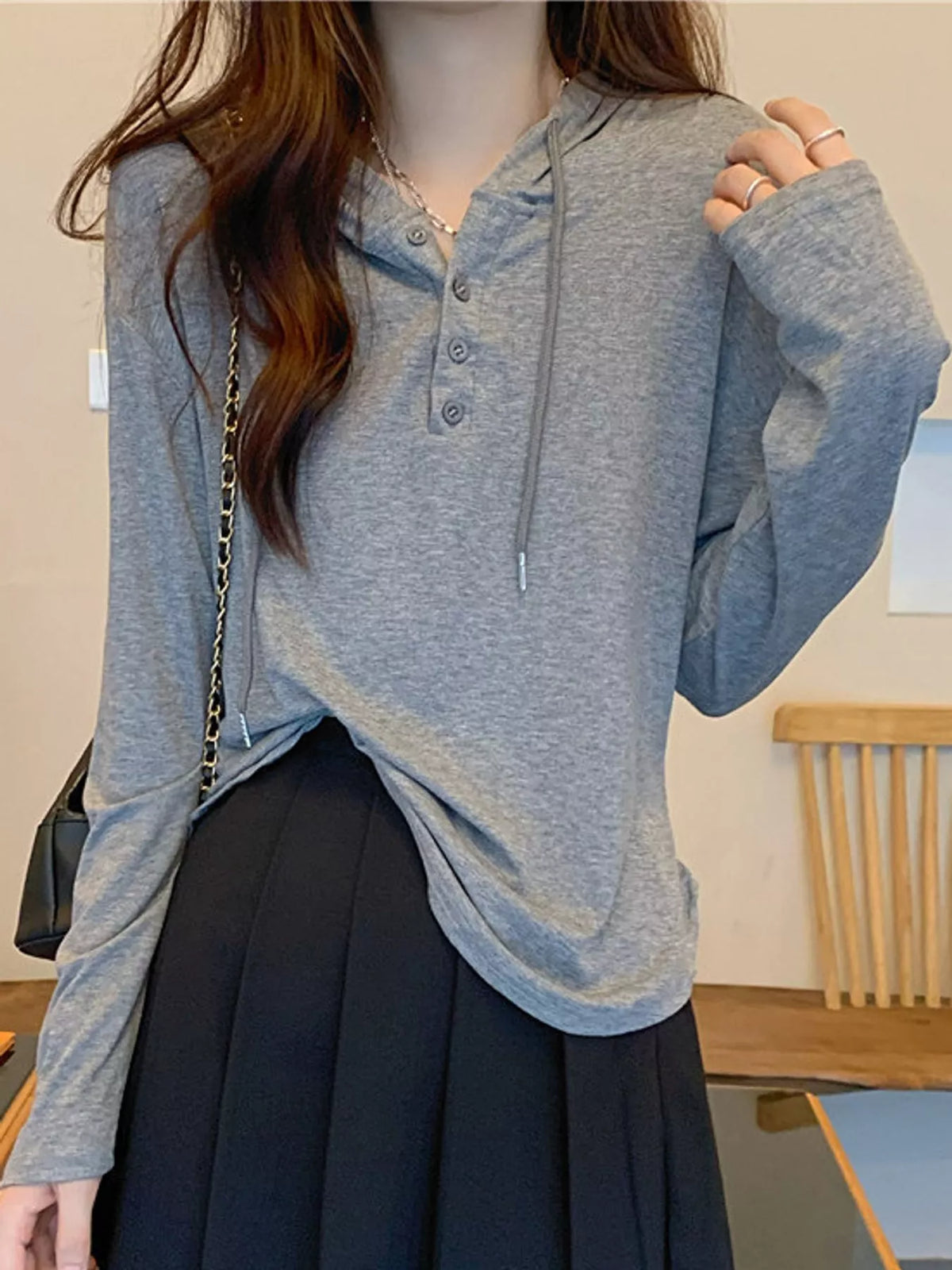 casual long-sleeve hooded henley t-shirt | dropsona - neutral - front view
