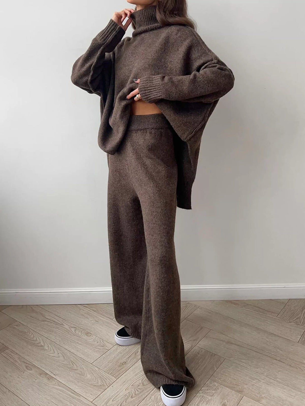 full size oversized turtleneck knit top and wide-leg | dropsona - neutral - usage example