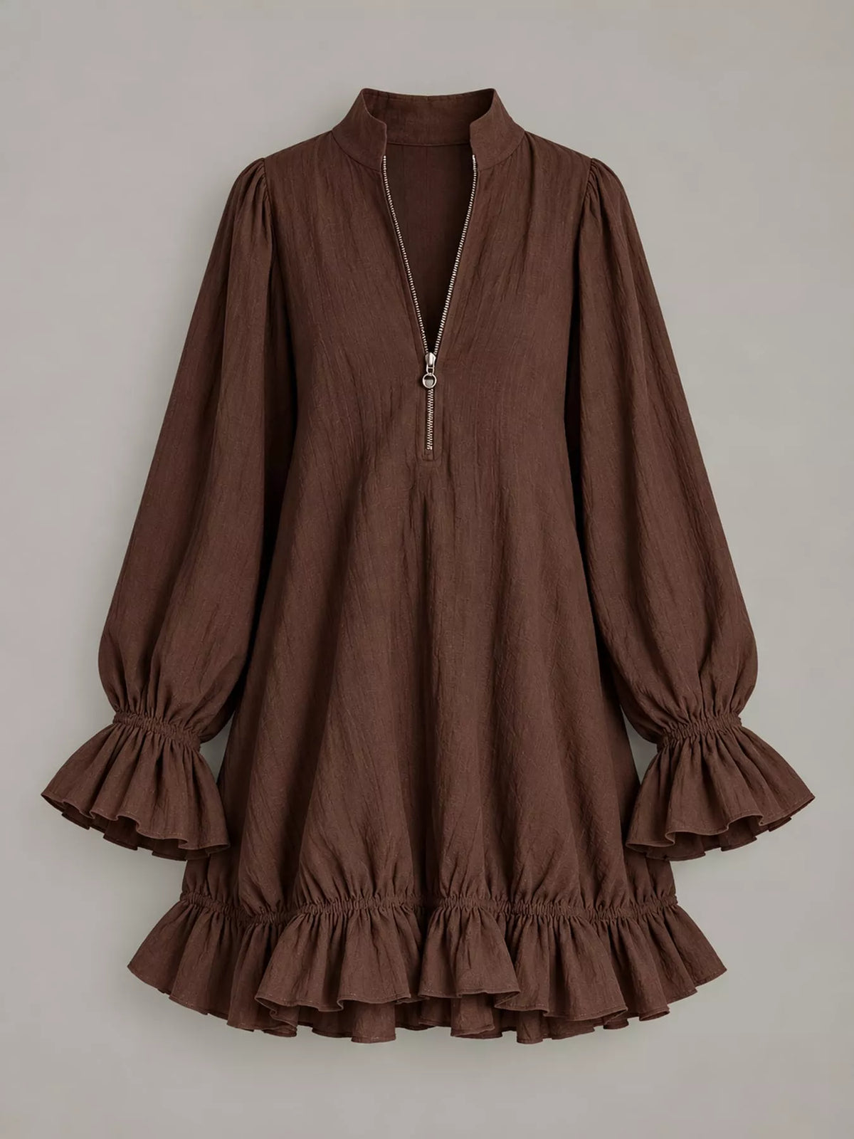 zipper-front ruffle hem mini dress – zipper, ruffled | dropsona - neutral - close-up detail