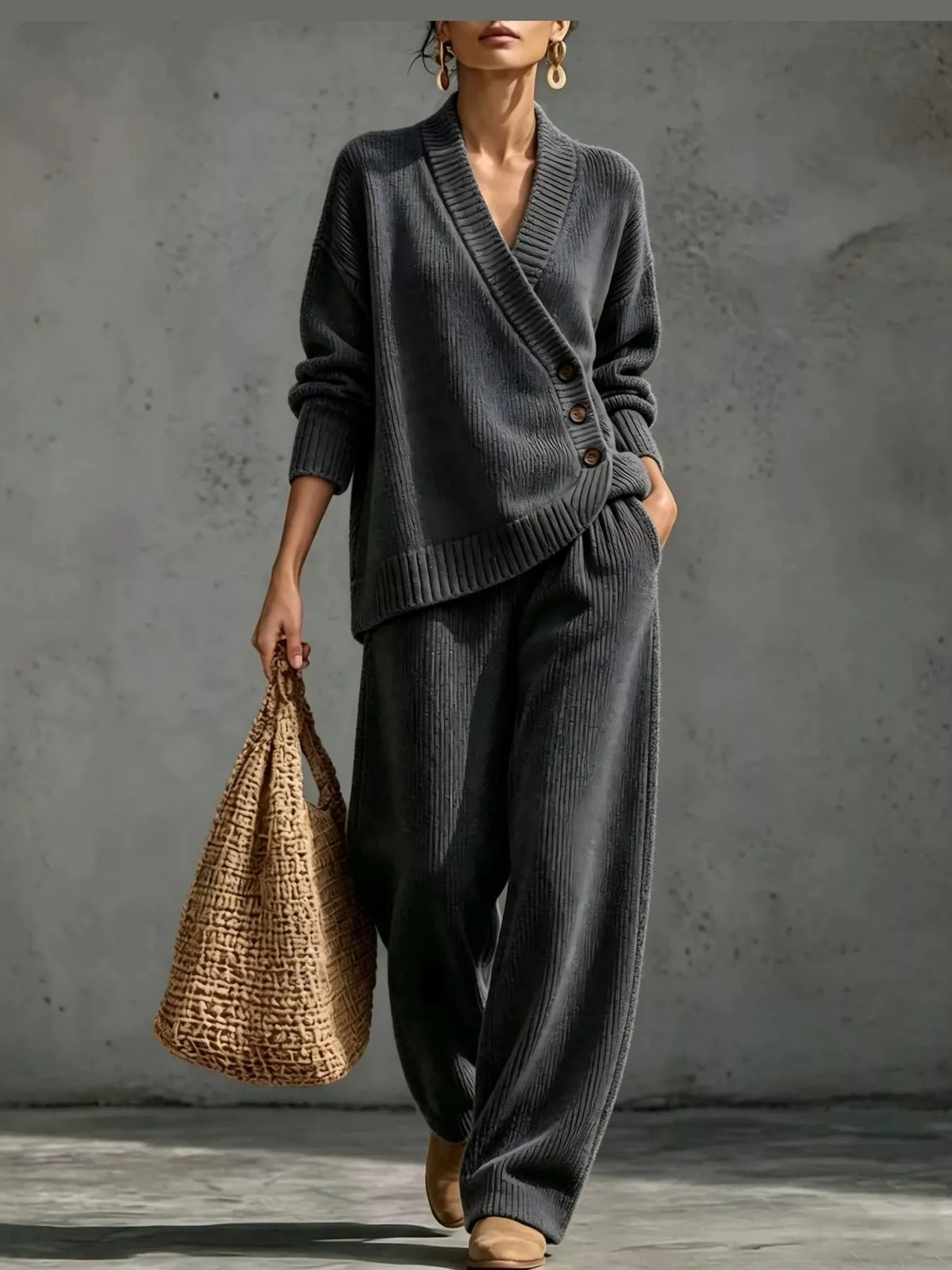 full size elegant v-neck wrap sweater and wide-leg | dropsona - neutral - usage example