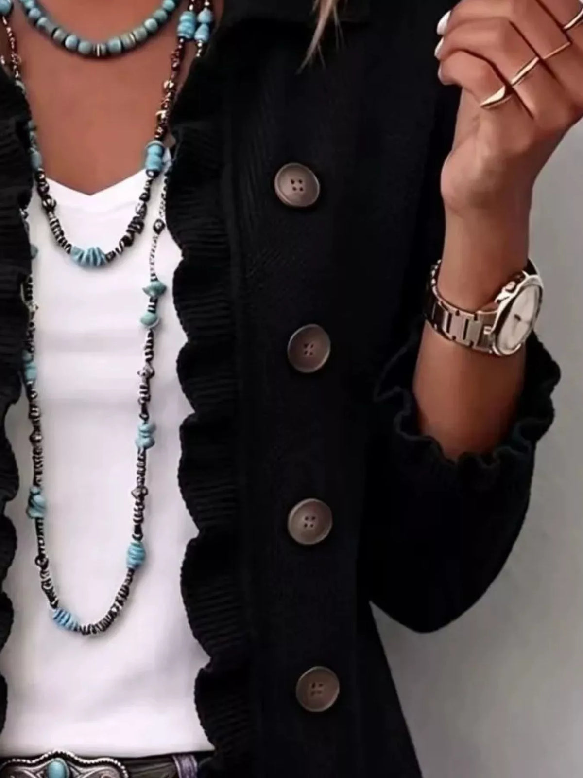full size ruffled trim decorative button cardigan | dropsona - neutral - usage example