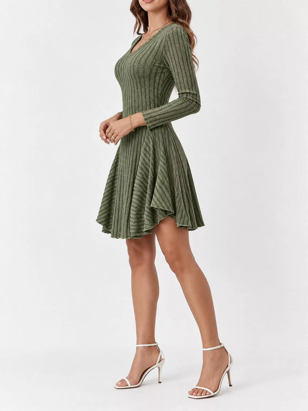 v-neck ribbed knit a-line dress – | dropsona - neutral - front view