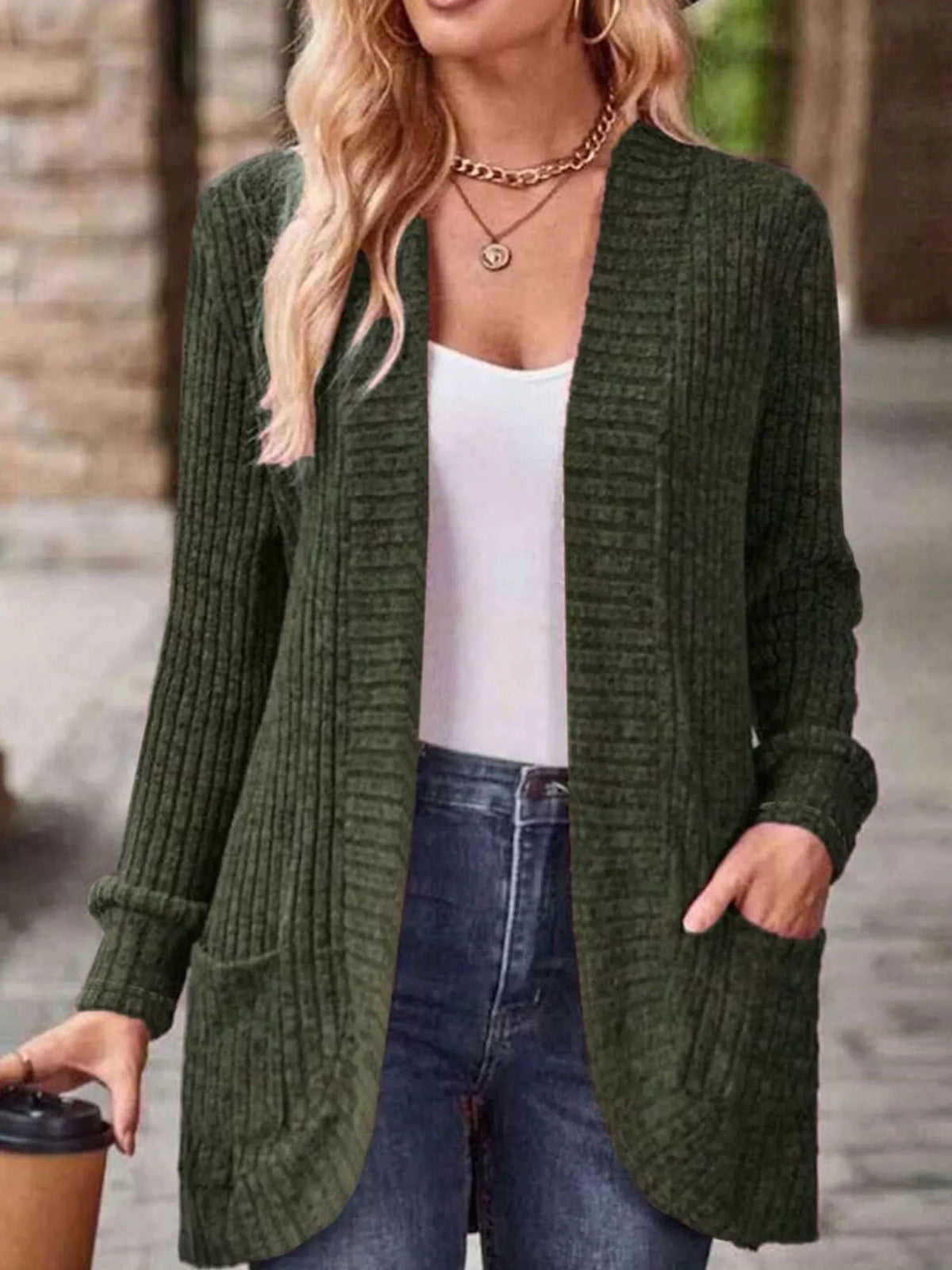 ribbed knit open front cardigan with pockets | dropsona - neutral - close-up detail