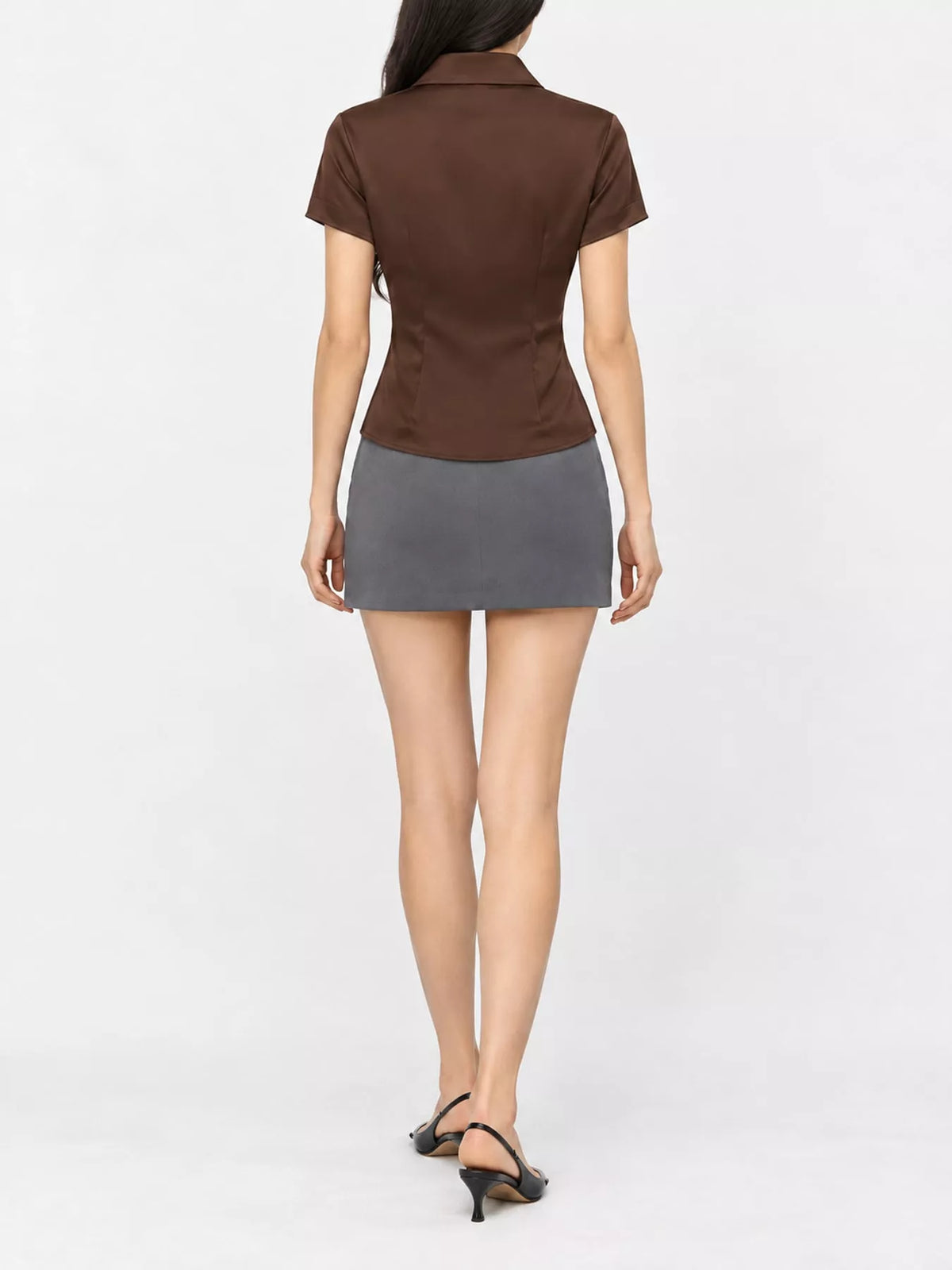satin short sleeve button-down shirt | dropsona - neutral - front view