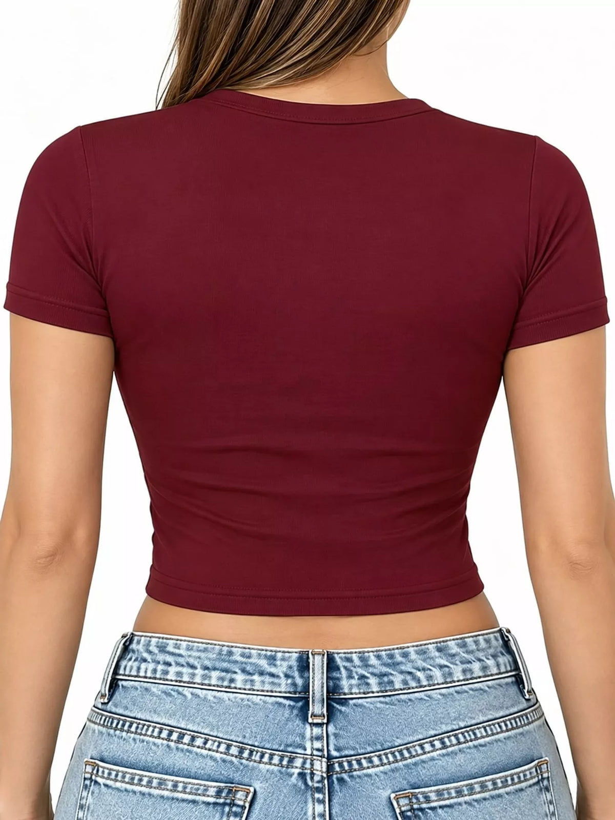 slim fit basic crew neck short sleeve crop t-shirt | dropsona - neutral - close-up detail