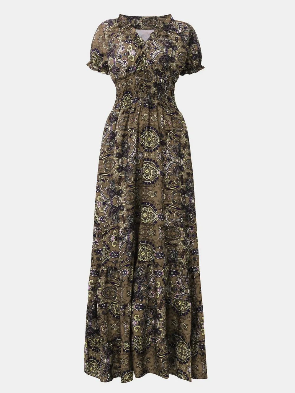 full size smocked printed v-neck short sleeve dress - material texture