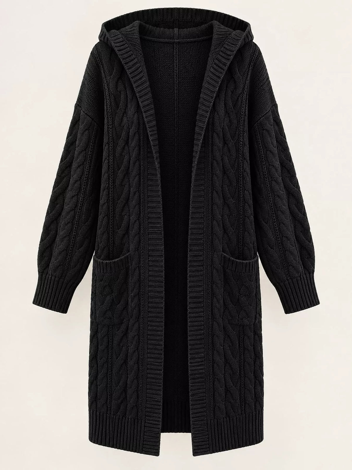 full size hooded cable knit longline cardigan plus | dropsona - neutral - material texture