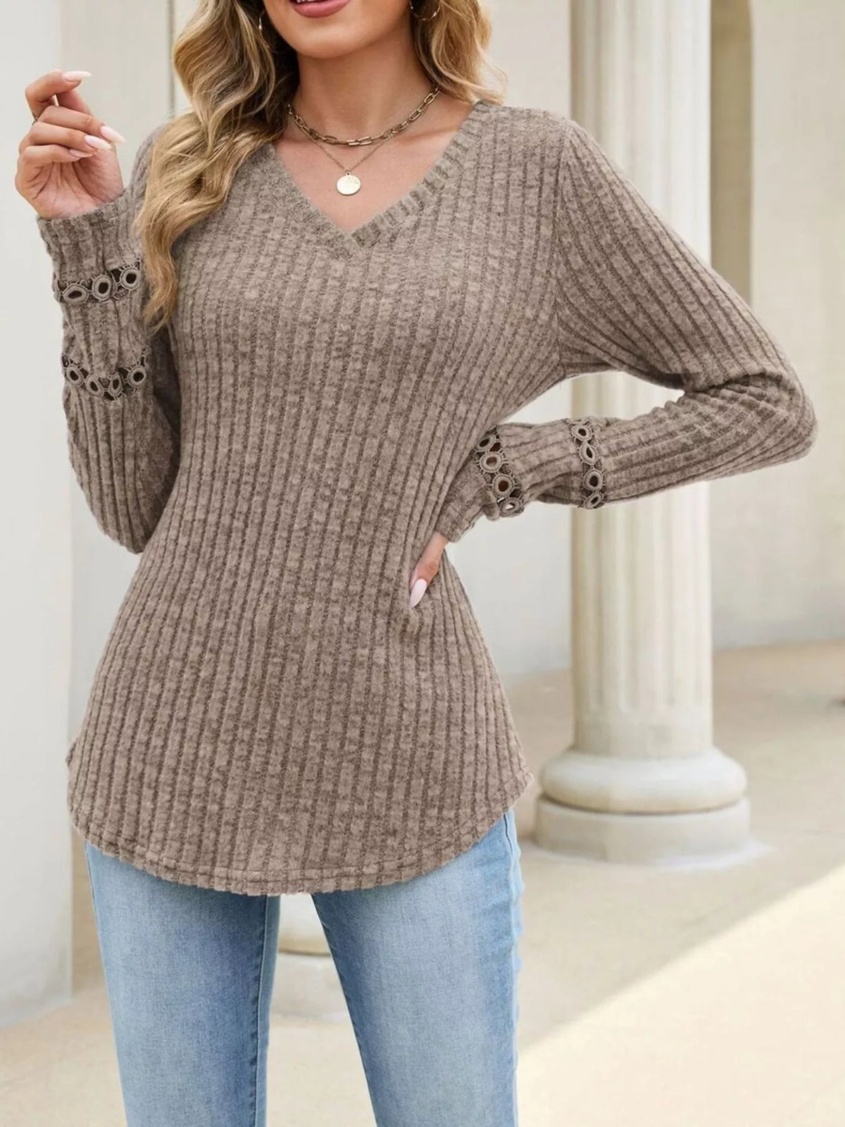 v-neck ribbed knit top with eyelet cuff detail | dropsona - neutral - material texture