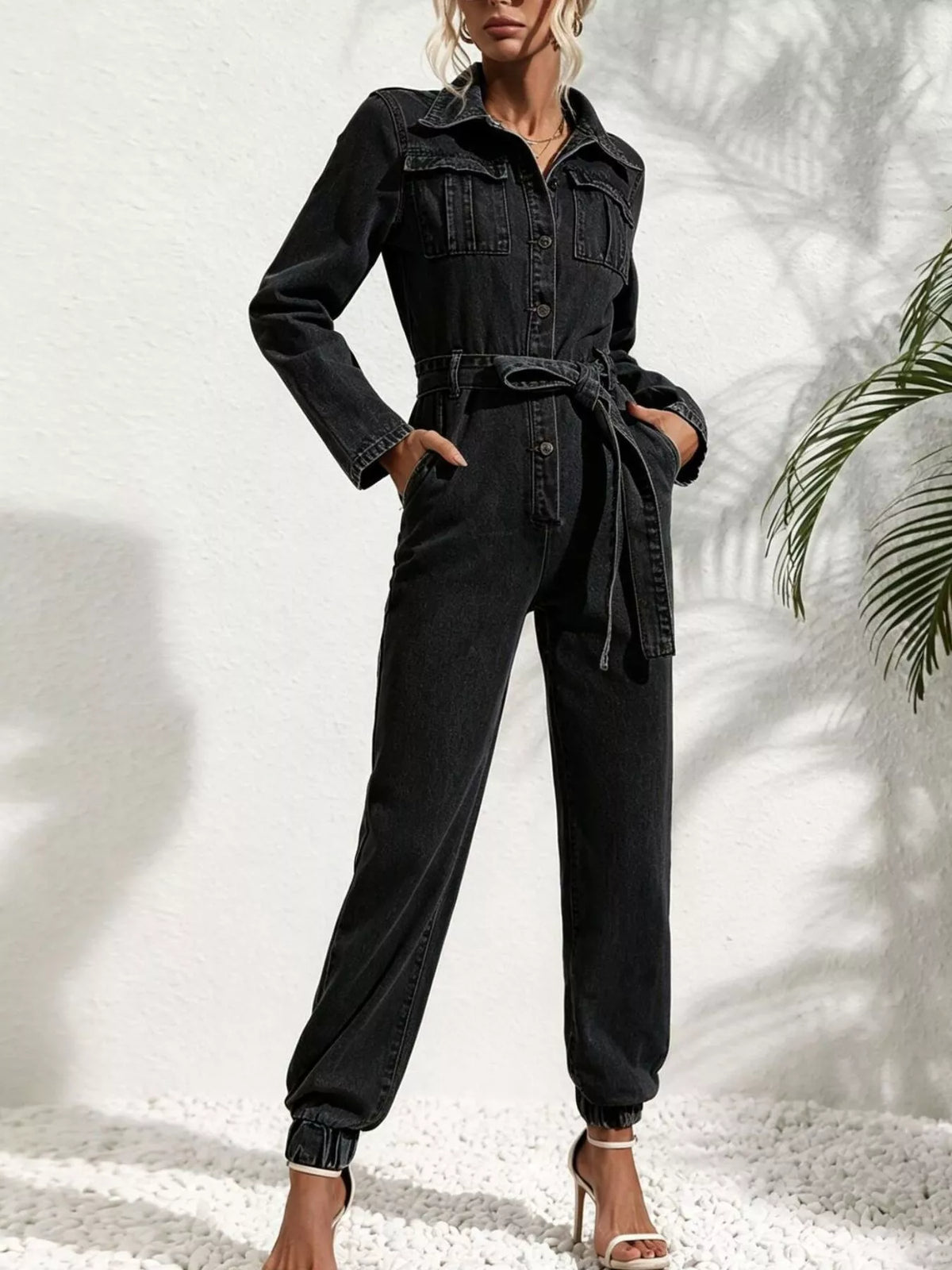 long sleeve button-up denim jumpsuit with belted | dropsona - neutral - material texture