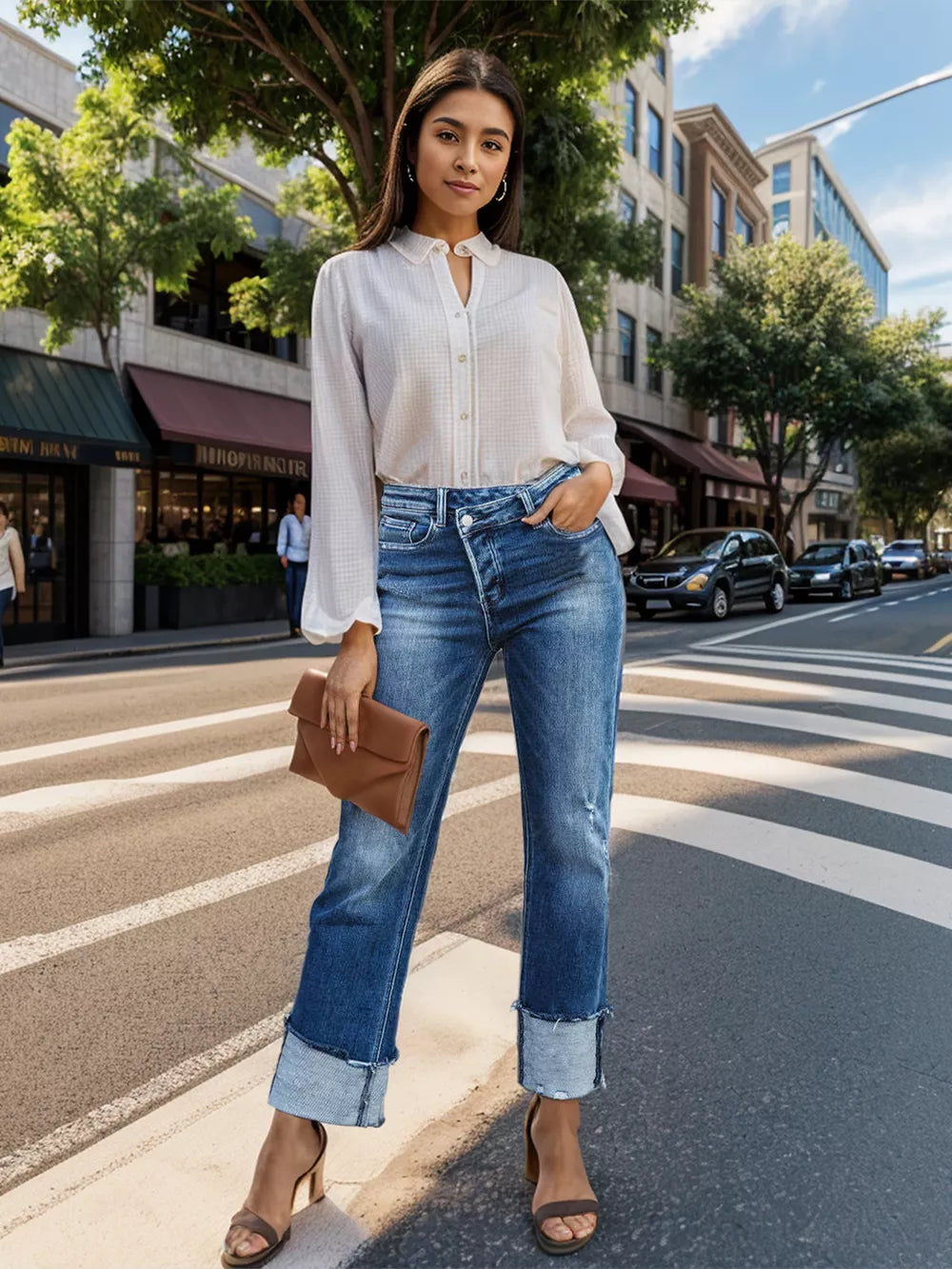 stepped waist raw hem rolled straight jeans - front view