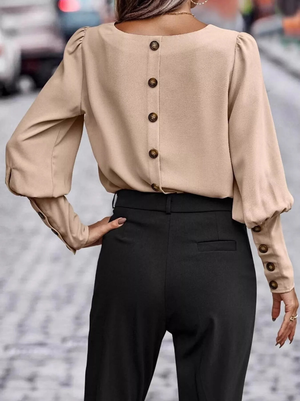 decorative button lantern sleeve blouse | dropsona - neutral - front view
