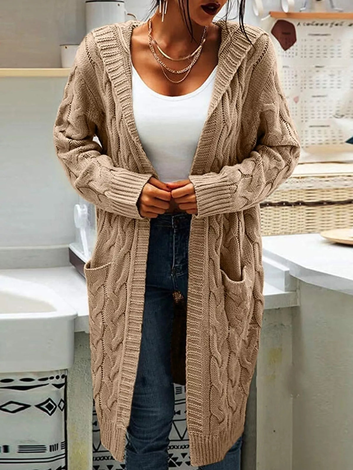 full size hooded cable knit longline cardigan plus | dropsona - neutral - size reference