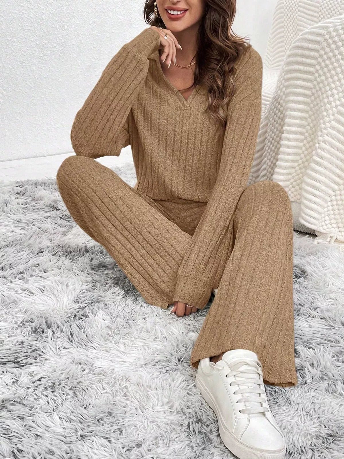 ribbed knit collared top and wide leg pants set | dropsona - neutral - close-up detail