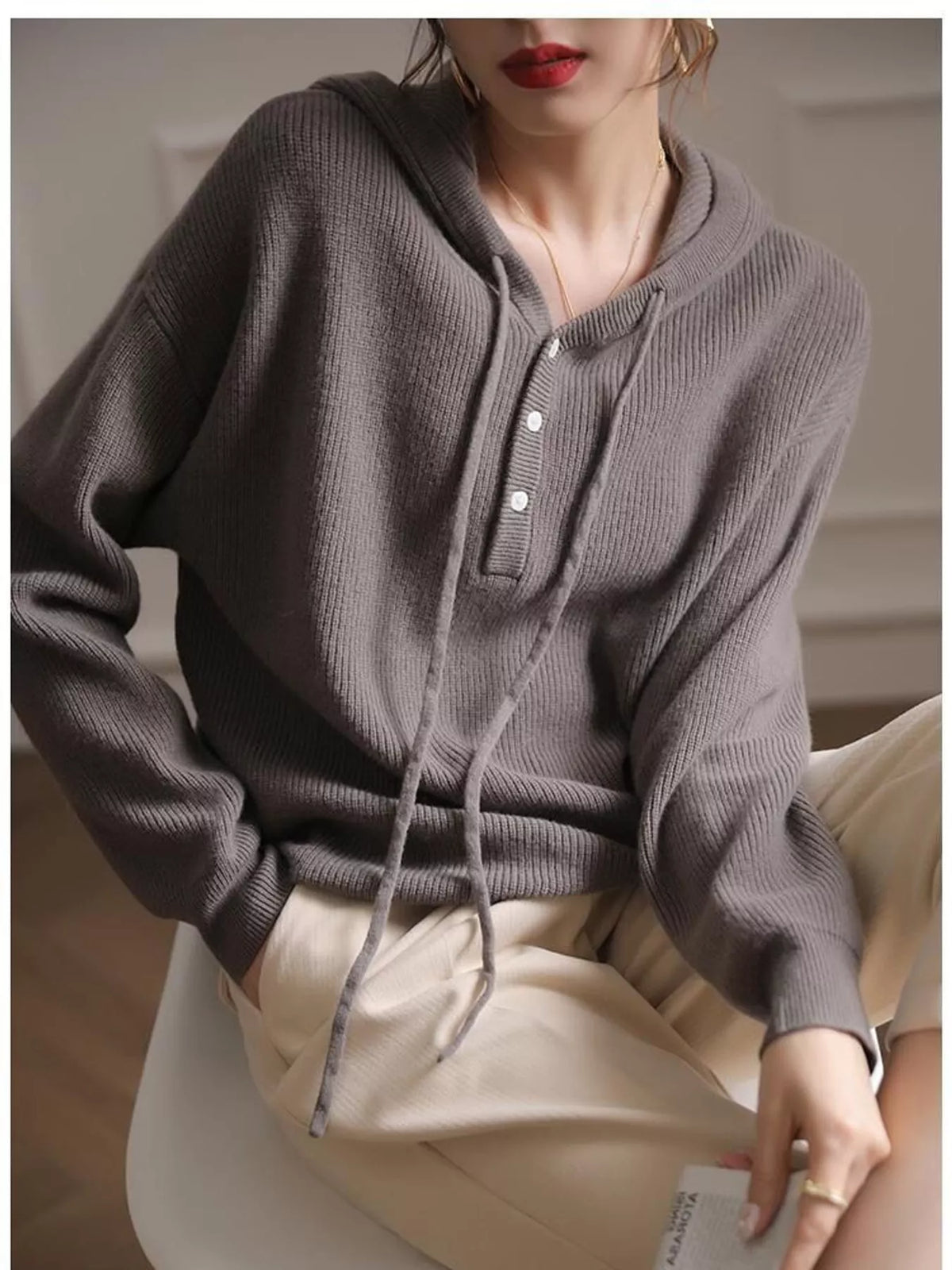 drawstring button detail hooded sweater | dropsona - neutral - material texture
