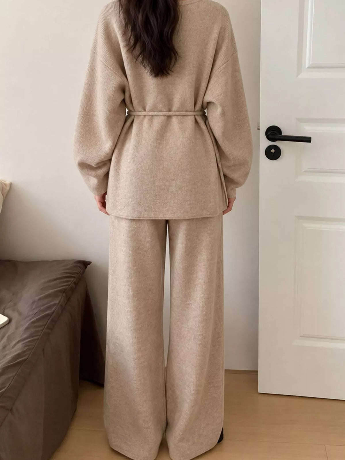 v-neck tied wrap cardigan and wide-leg pants sweater | dropsona - neutral - size reference