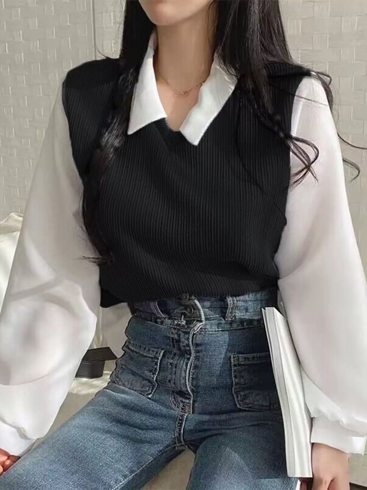layered look long sleeve blouse – layered,ribbed fit | dropsona - neutral - material texture