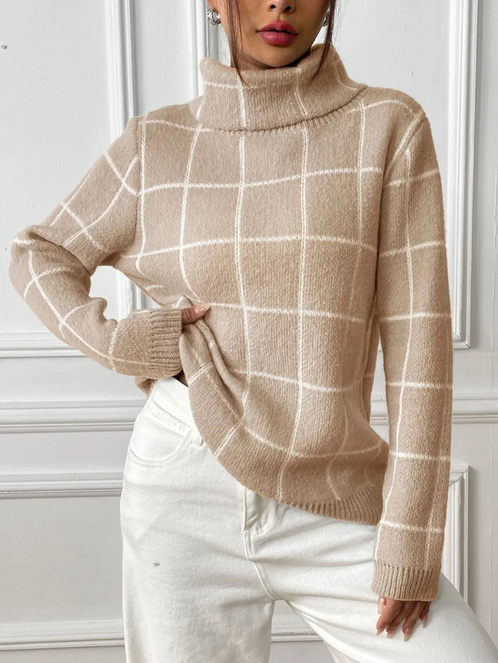 plaid turtleneck long sleeve sweater – basic style | dropsona - neutral - everyday use