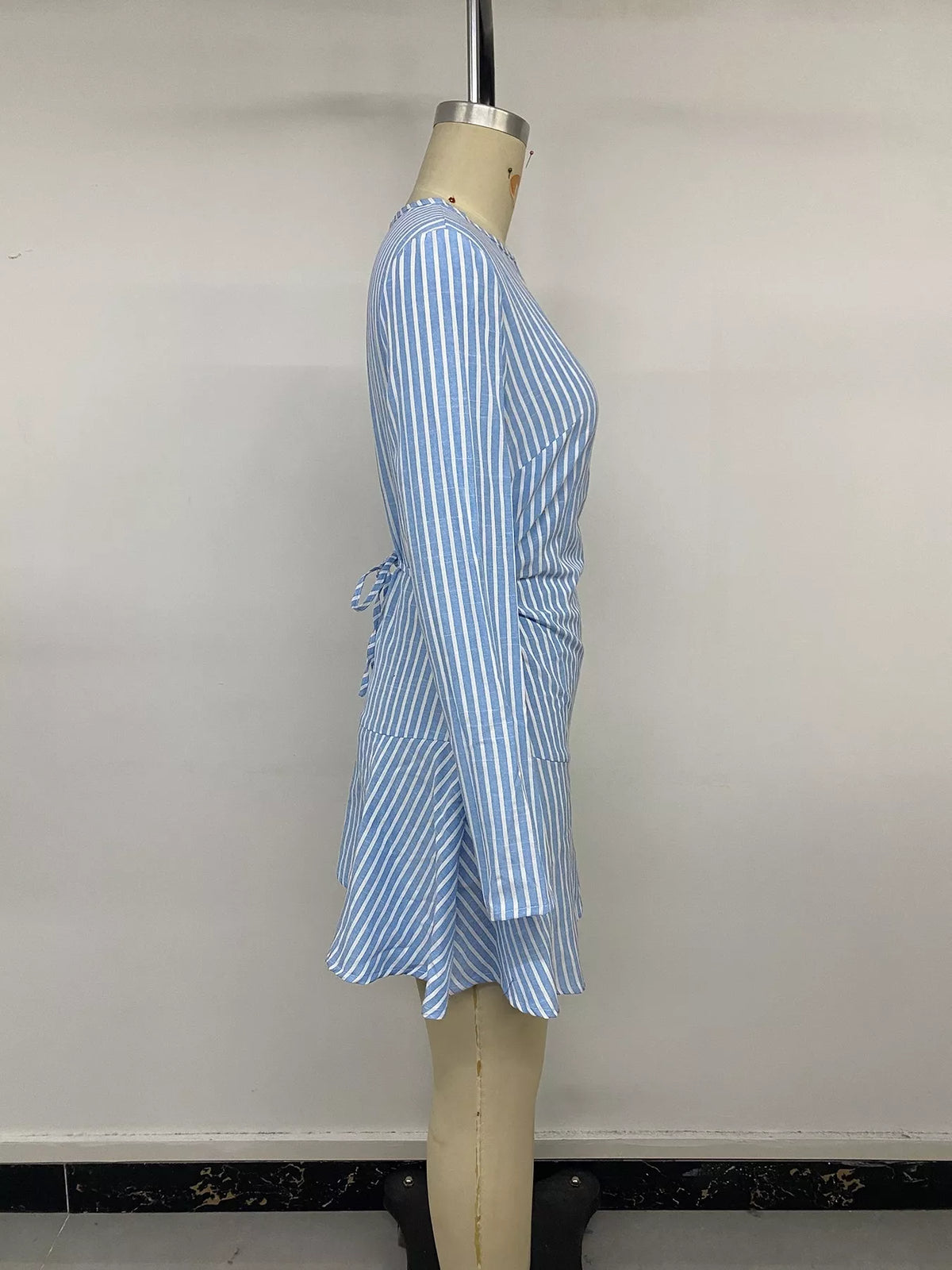 striped long-sleeve ruched mini dress – zipper,tied | dropsona - neutral - usage example