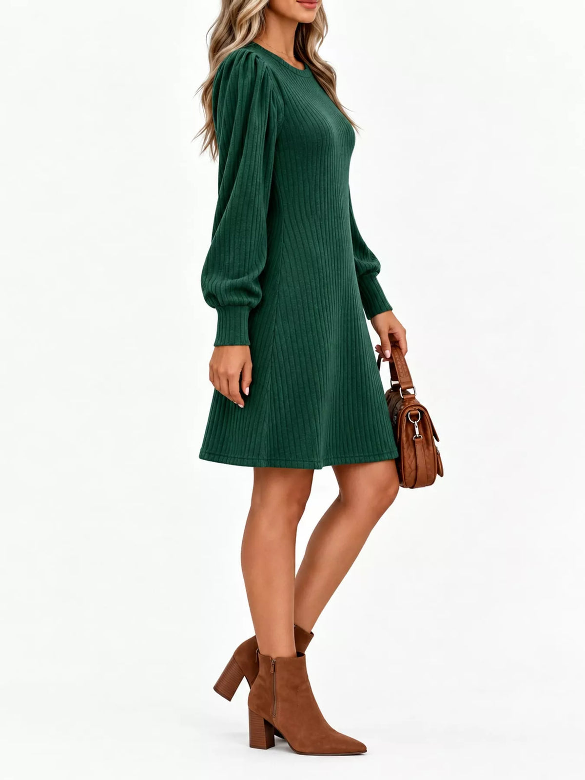 puff sleeve ribbed knit dress with pockets | dropsona - neutral - packaging