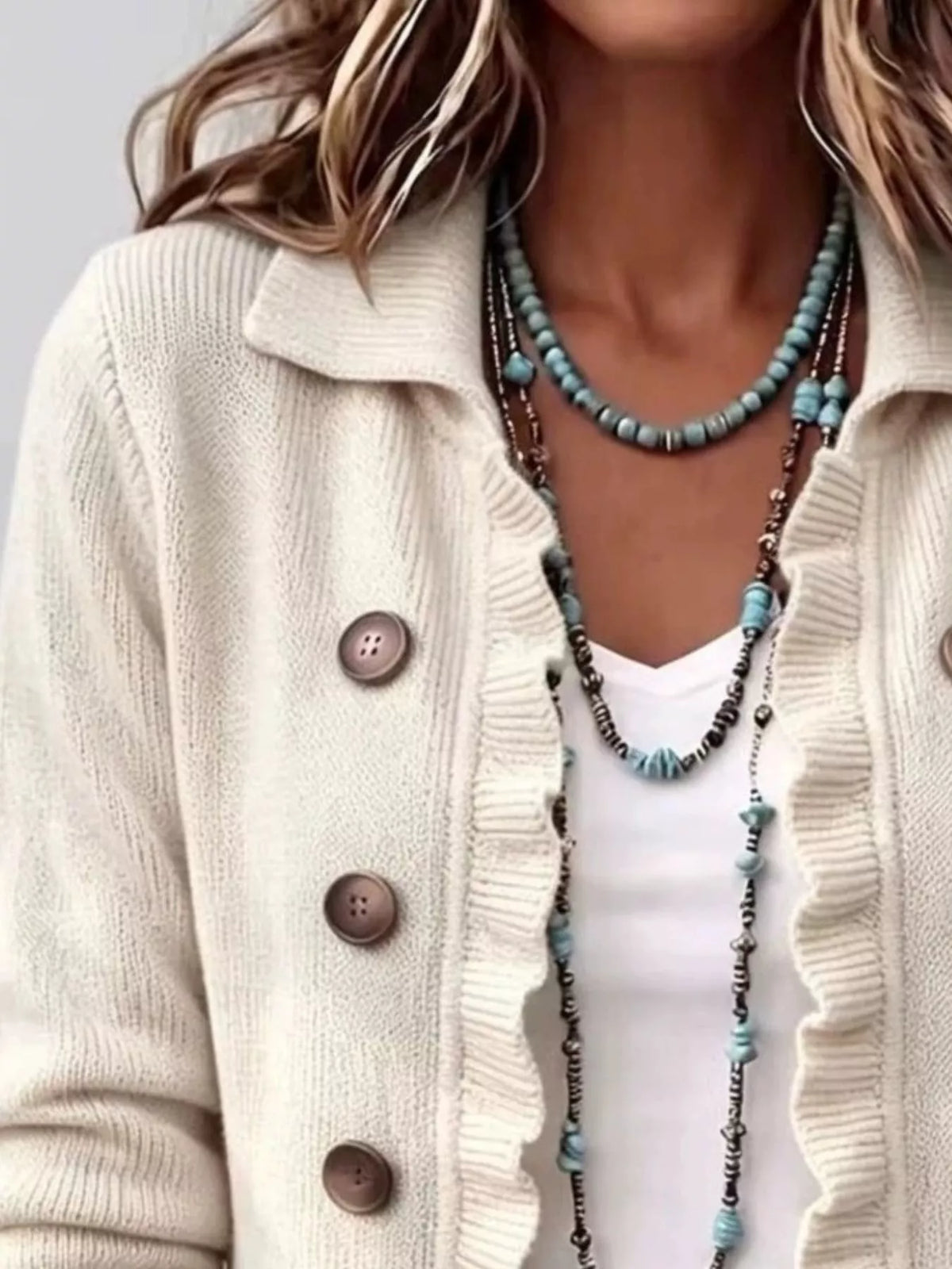 full size ruffled trim decorative button cardigan | dropsona - neutral - material texture