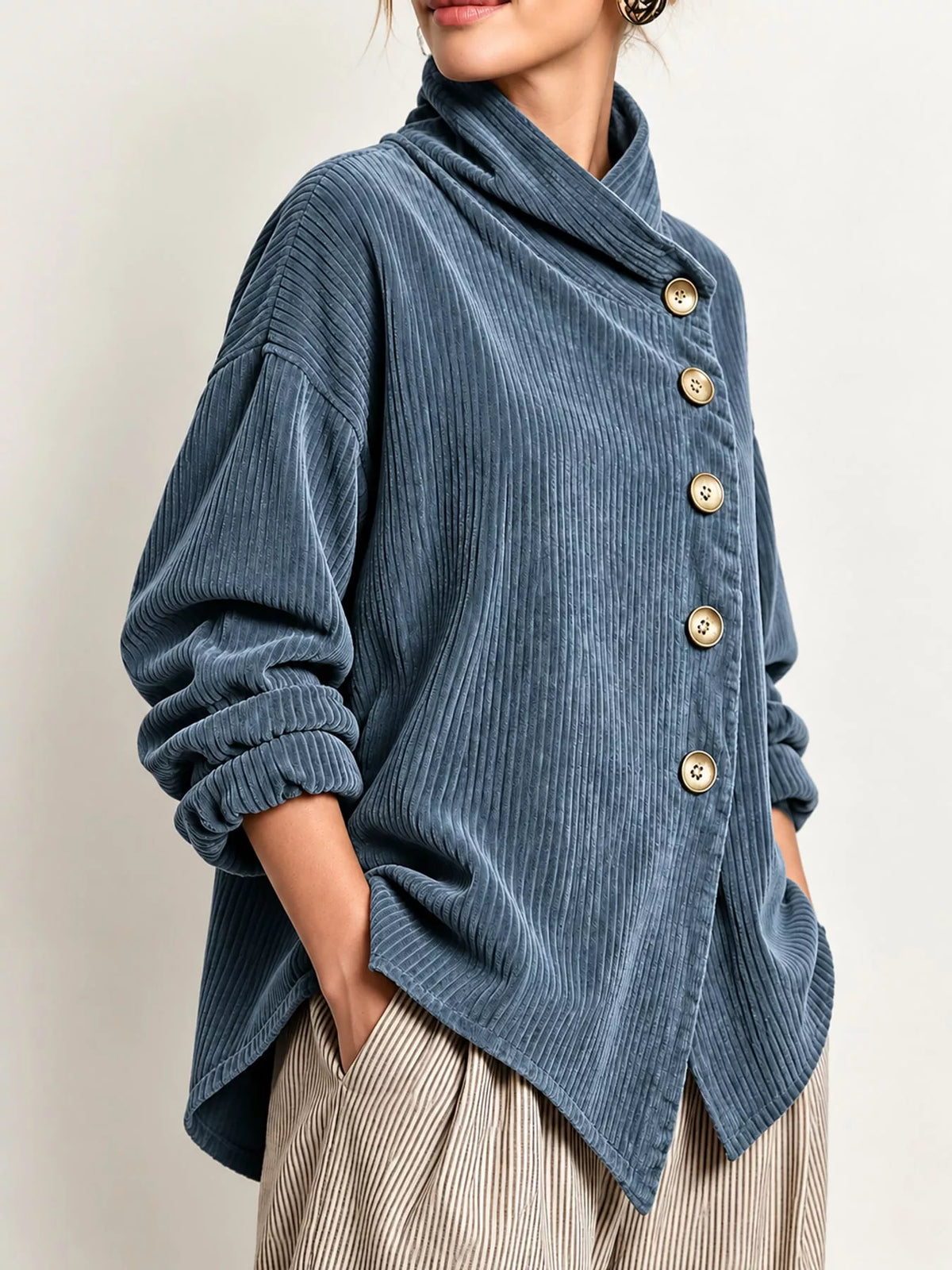 full size asymmetric button-down corduroy jacket plus | dropsona - neutral - close-up detail