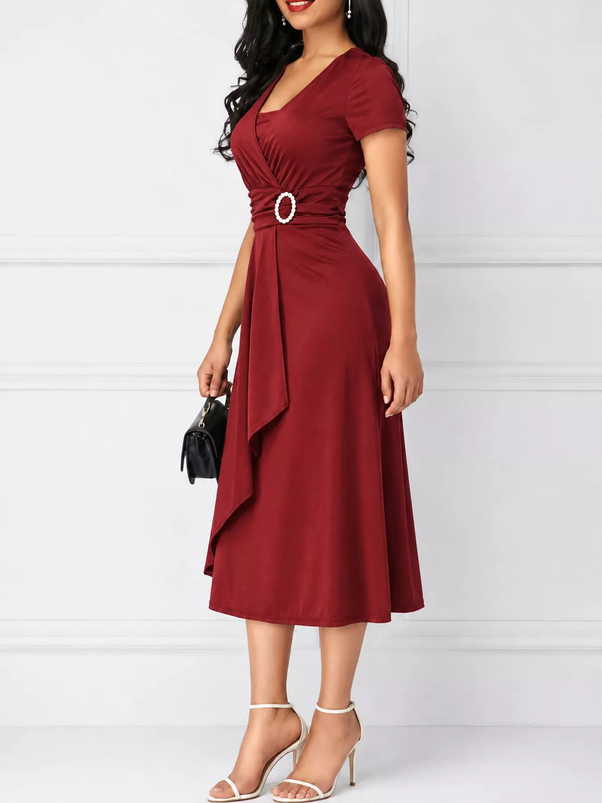full size decorative buckle short sleeve dress plus | dropsona - neutral - usage example