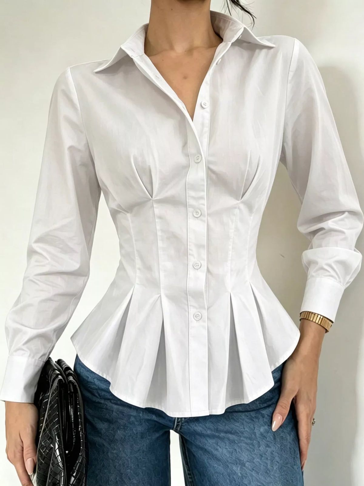 button-down peplum blouse with fitted waist | dropsona - neutral - close-up detail
