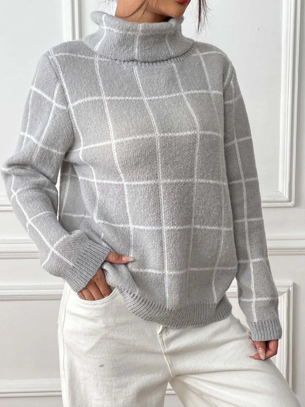 plaid turtleneck long sleeve sweater – basic style | dropsona - neutral - packaging
