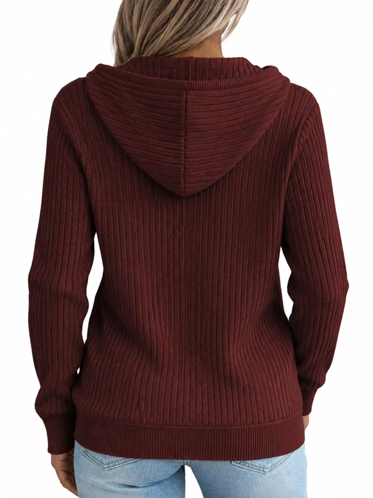 full size ribbed knit zip-up hooded cardigan plus | dropsona - neutral - close-up detail