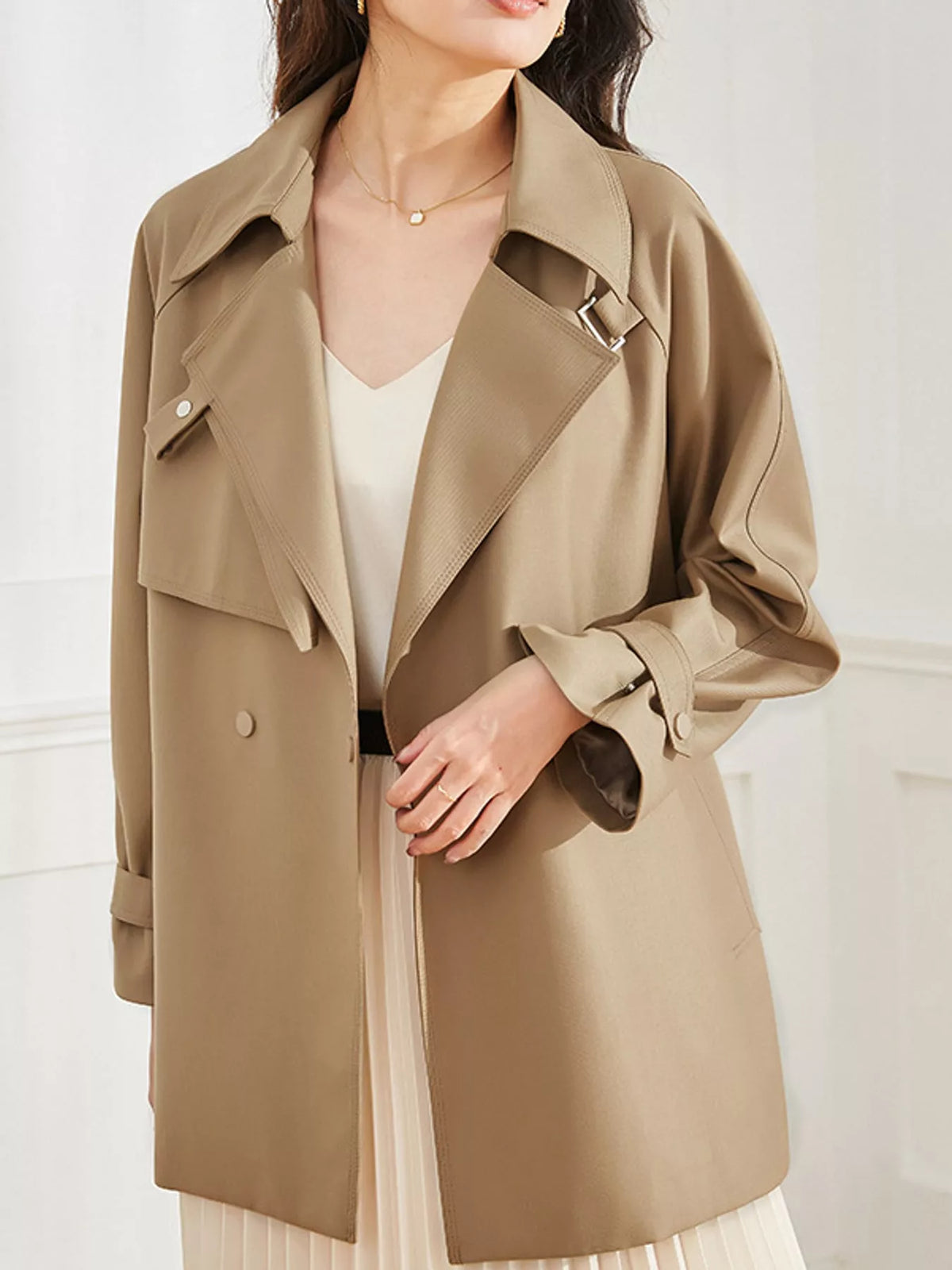 double-breasted tie waist trench coat | dropsona - neutral - material texture