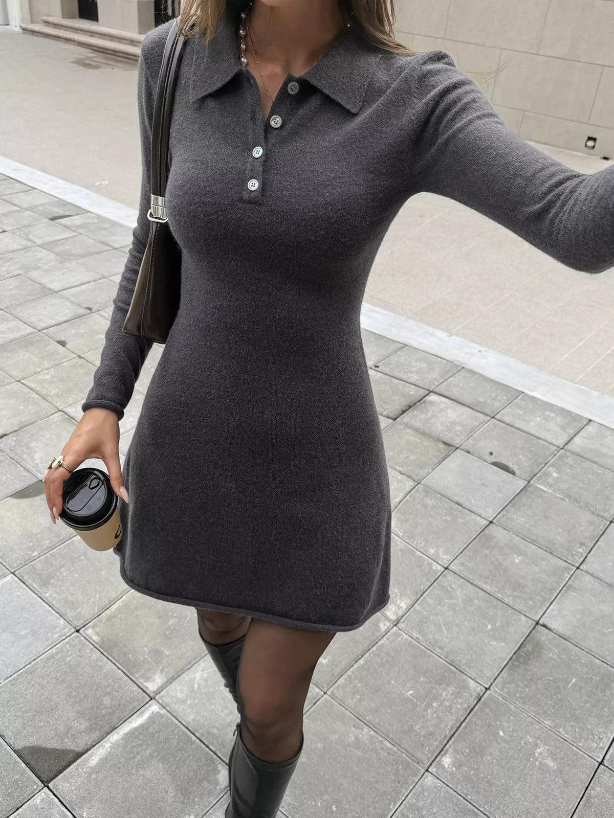 elegant slim-fit polo collar long sleeve sweater dress | dropsona - neutral - front view