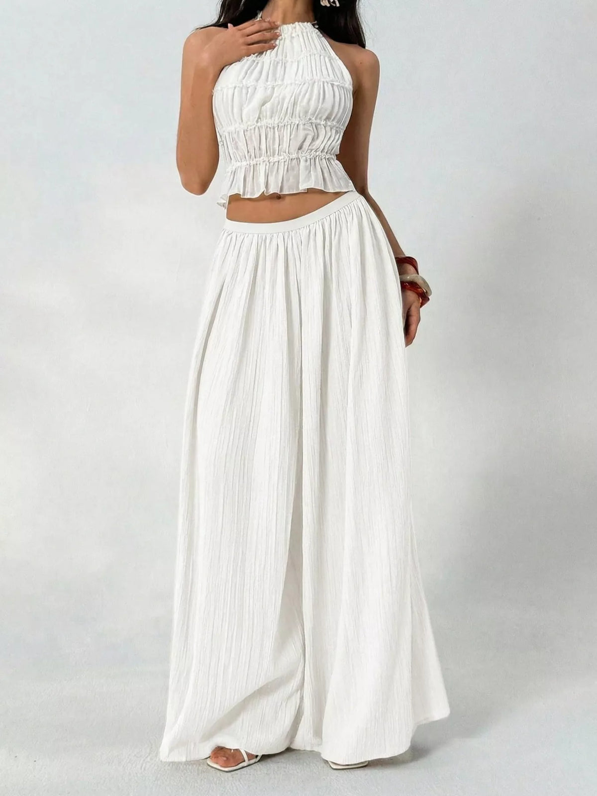 high-waisted wide-leg pleated casual pants | dropsona - neutral - size reference