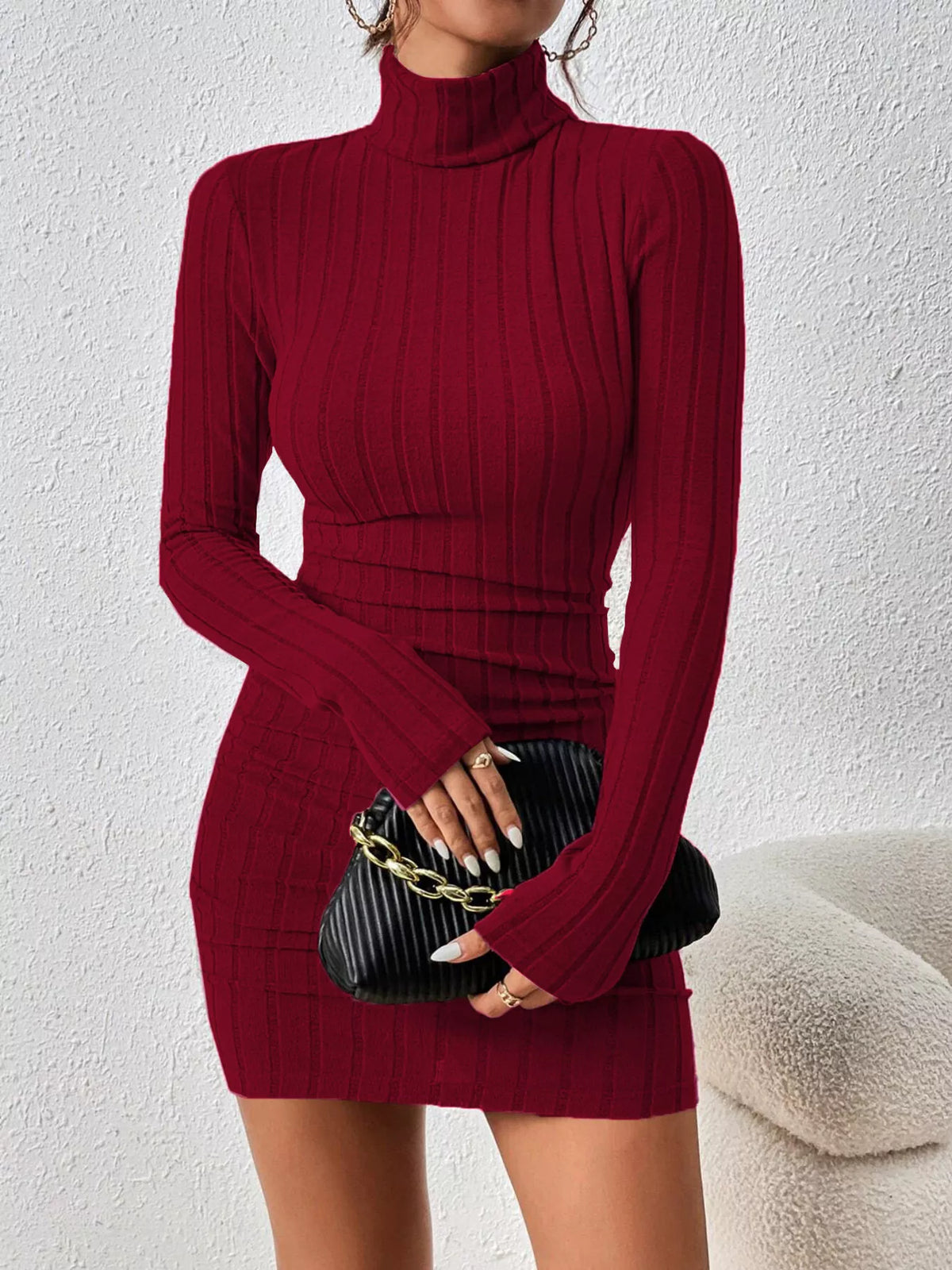 christmas outfit turtleneck ribbed bodycon knit dress | dropsona - neutral - everyday use