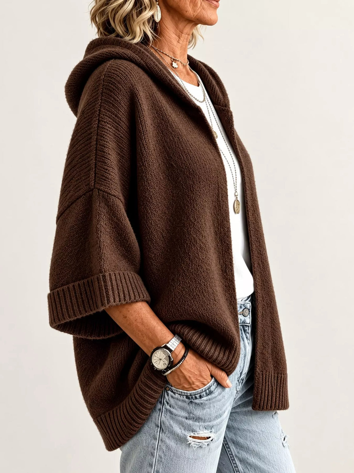 full size hooded open-front knit cardigan plus | dropsona - neutral - close-up detail