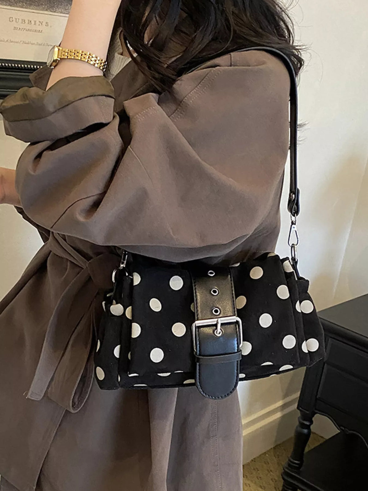 vintage polka dot shoulder bag – stylish sling | dropsona - neutral - size reference