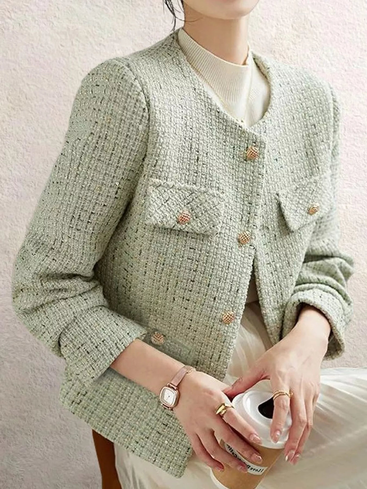 elegant tweed jacket with gold-tone button accents | dropsona - neutral - size reference