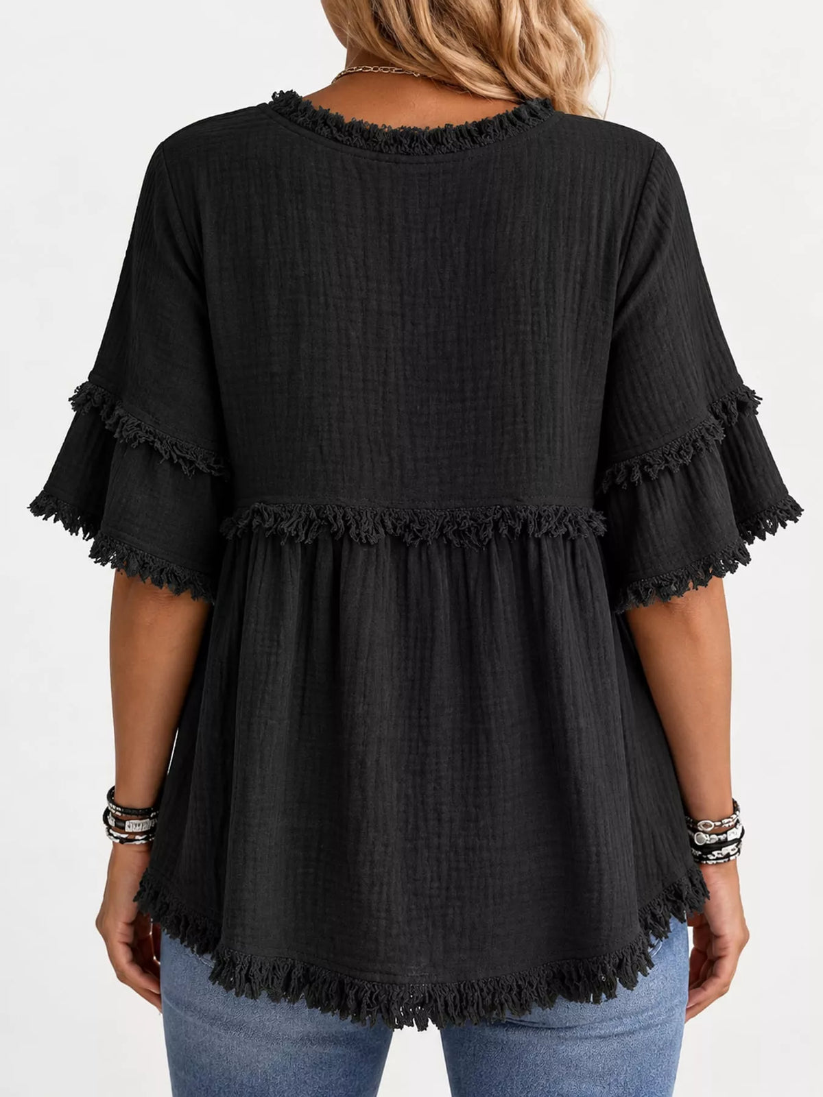 full size frayed edge textured blouse plus | dropsona - neutral - close-up detail