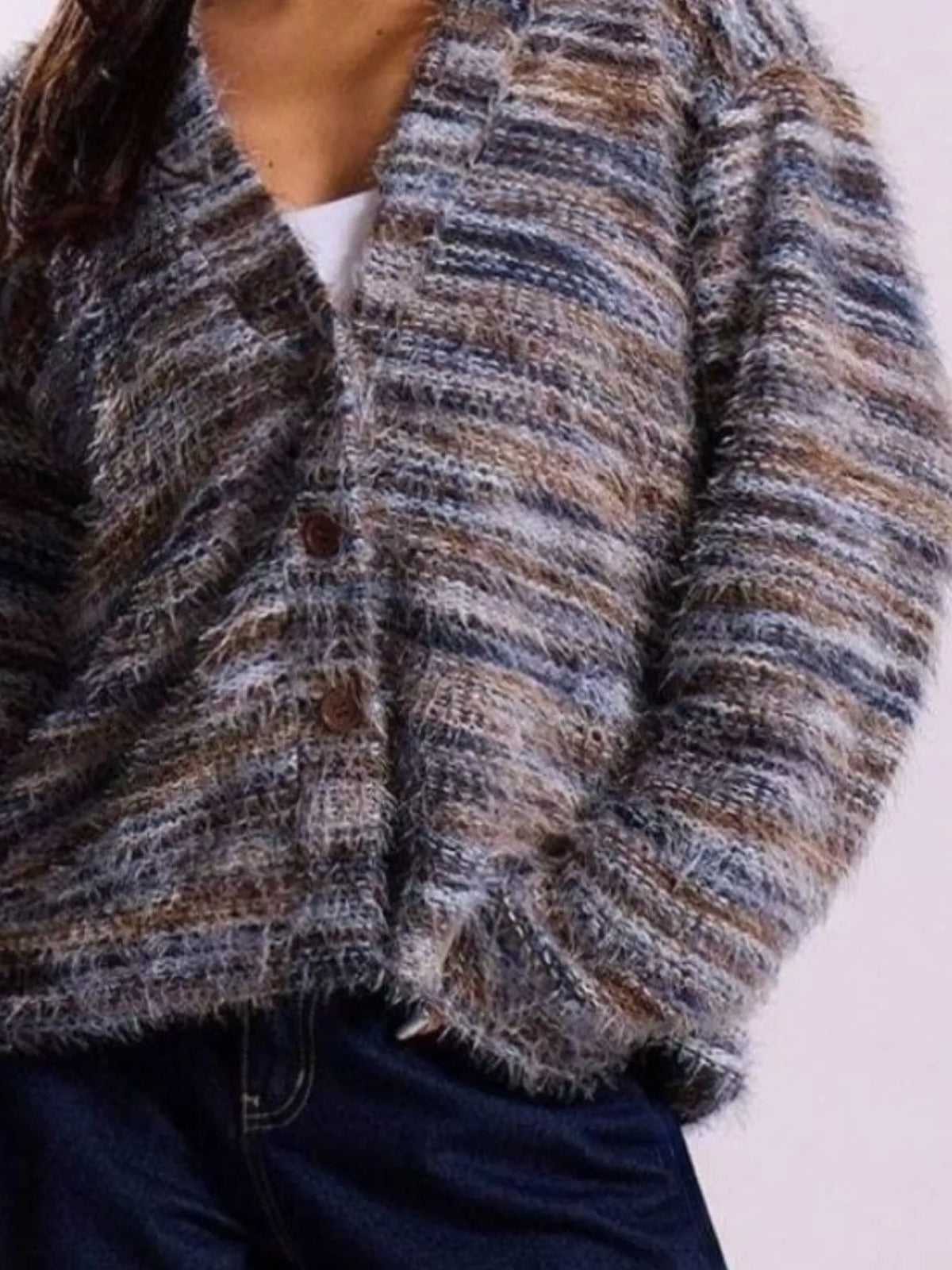 fuzzy knit v-neck button-down cardigan – buttoned | dropsona - neutral - packaging