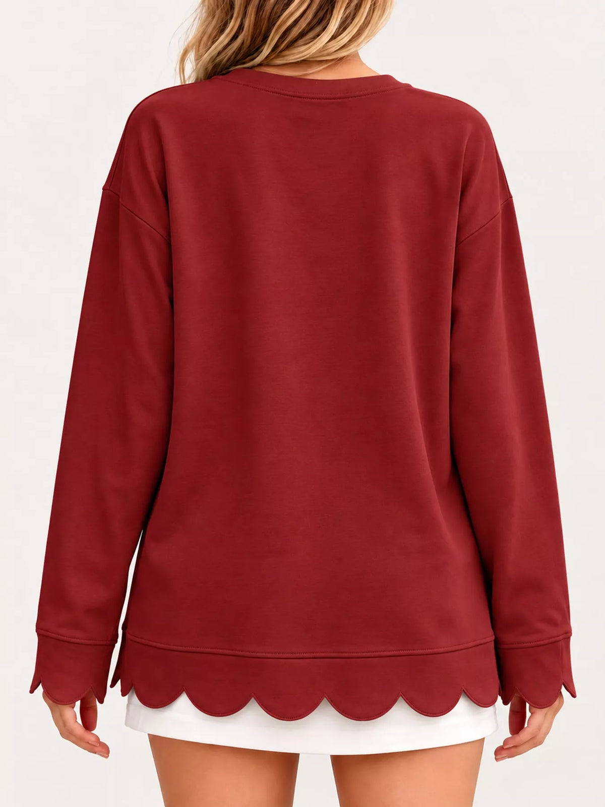 full size casual scalloped hem crewneck sweatshirt | dropsona - neutral - front view