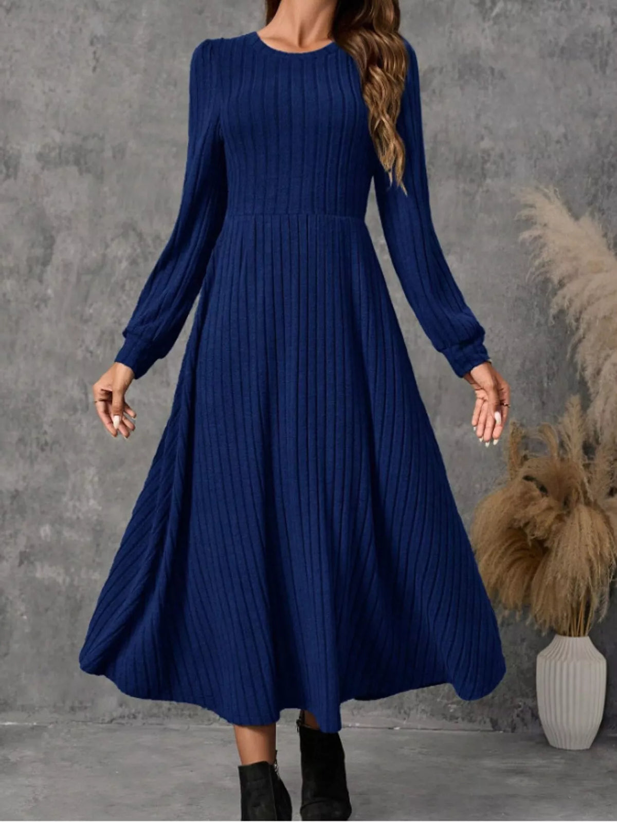 ribbed knit long sleeve a-line midi dress – | dropsona - neutral - material texture