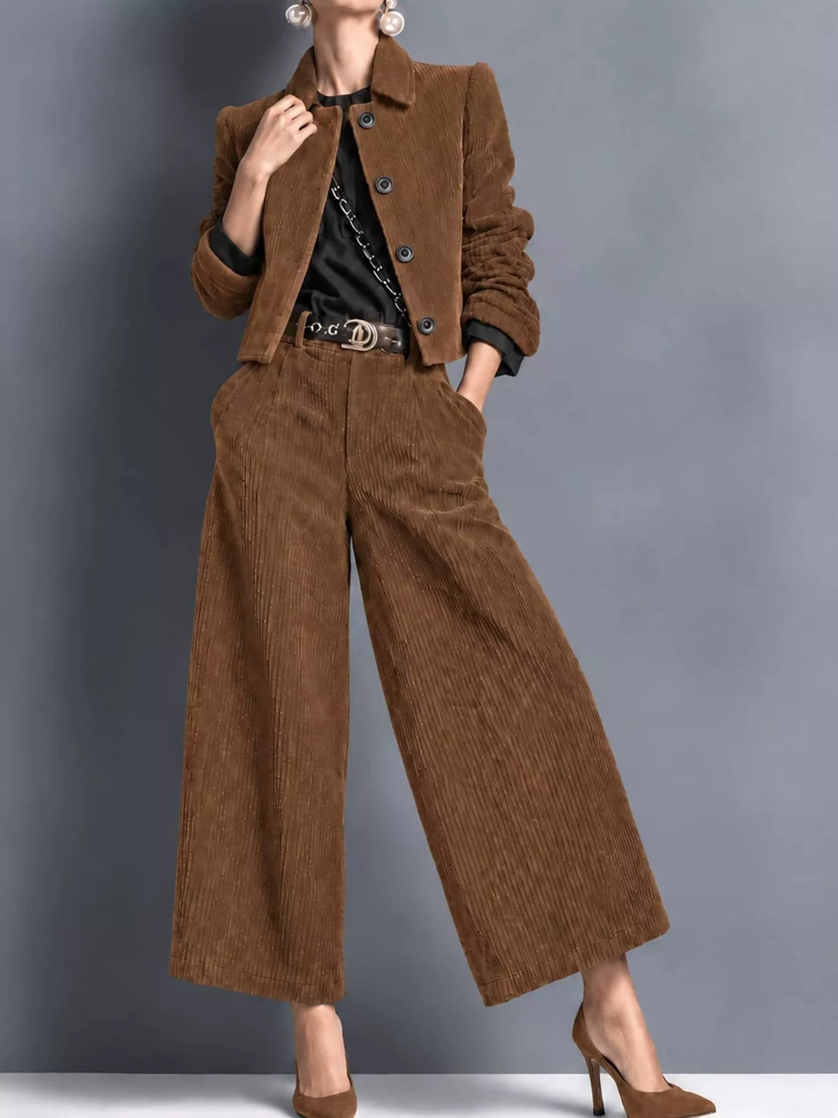 full size corduroy button up blazer and pants set | dropsona - neutral - material texture