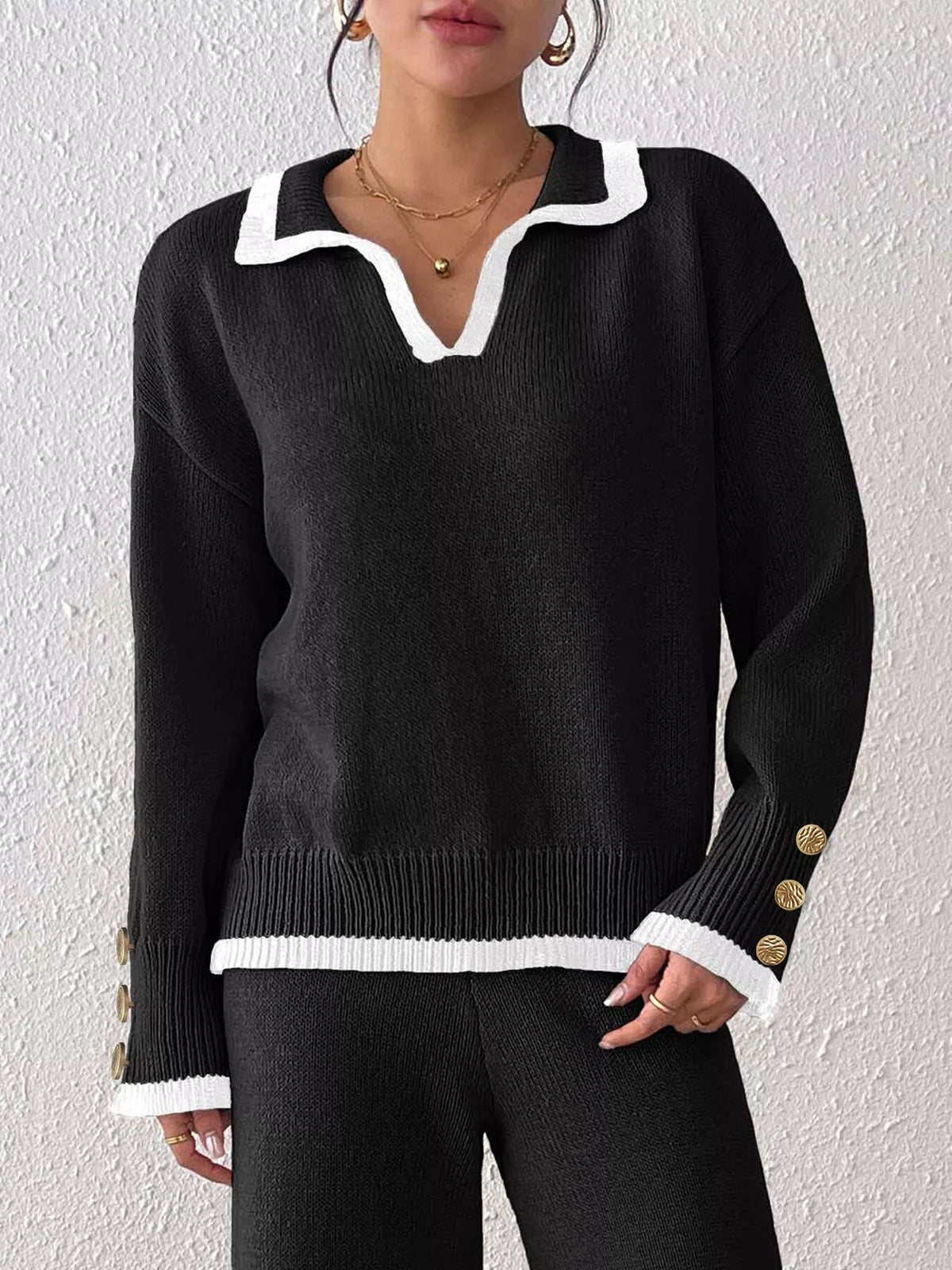 contrast trim polo collar sweater | dropsona - neutral - packaging