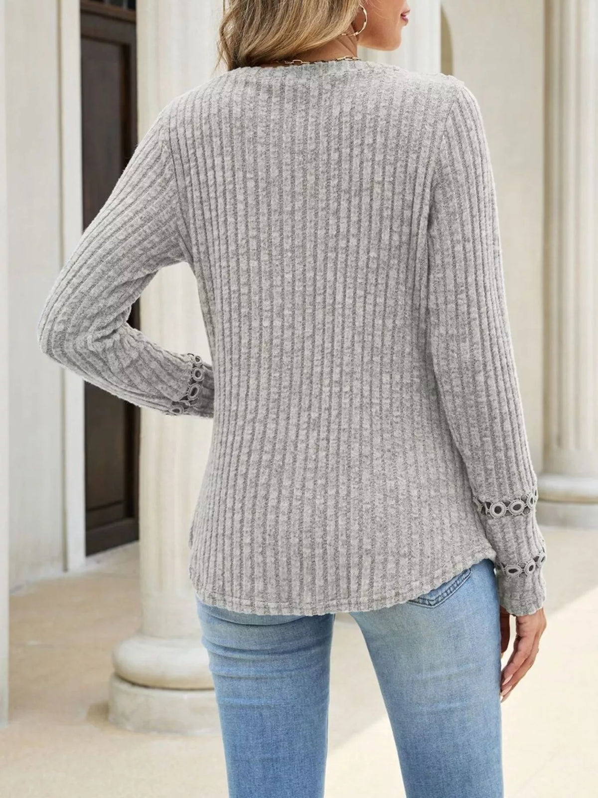v-neck ribbed knit top with eyelet cuff detail | dropsona - neutral - close-up detail
