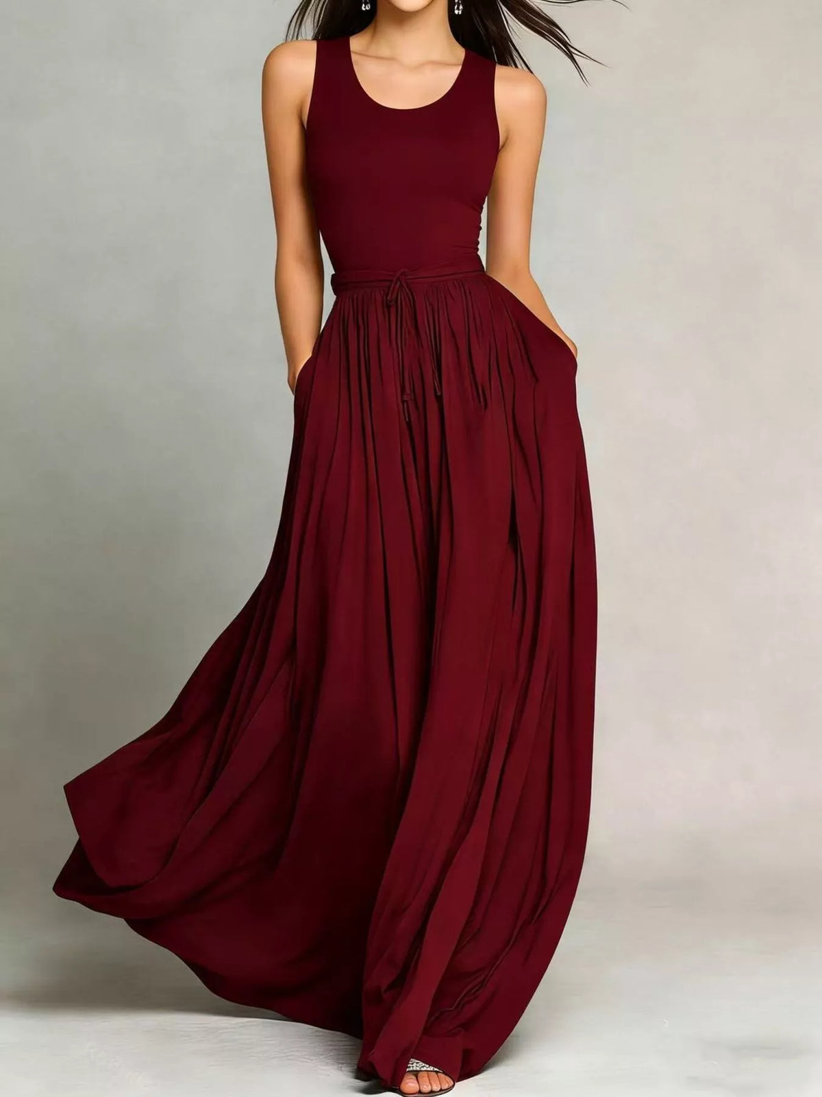 sleeveless solid color maxi dress | dropsona - neutral - size reference