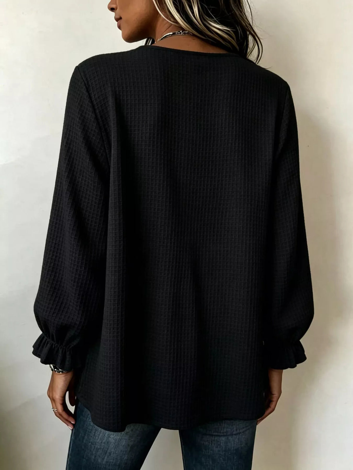 waffle knit long sleeve top | dropsona - neutral - size reference
